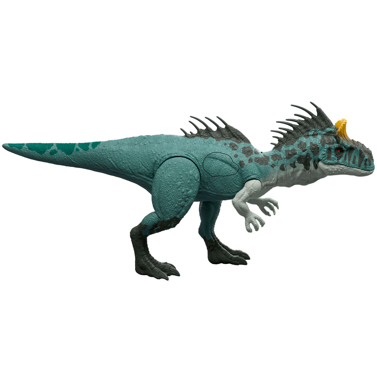 Juguete de dinosaurio azul con cresta amarilla y manchas oscuras.