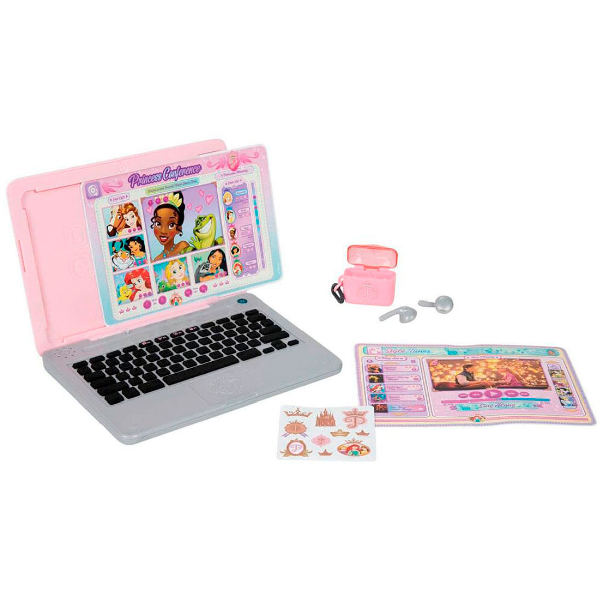 Un portátil de juguete rosa con princesas en pantalla, auriculares y pegatinas.