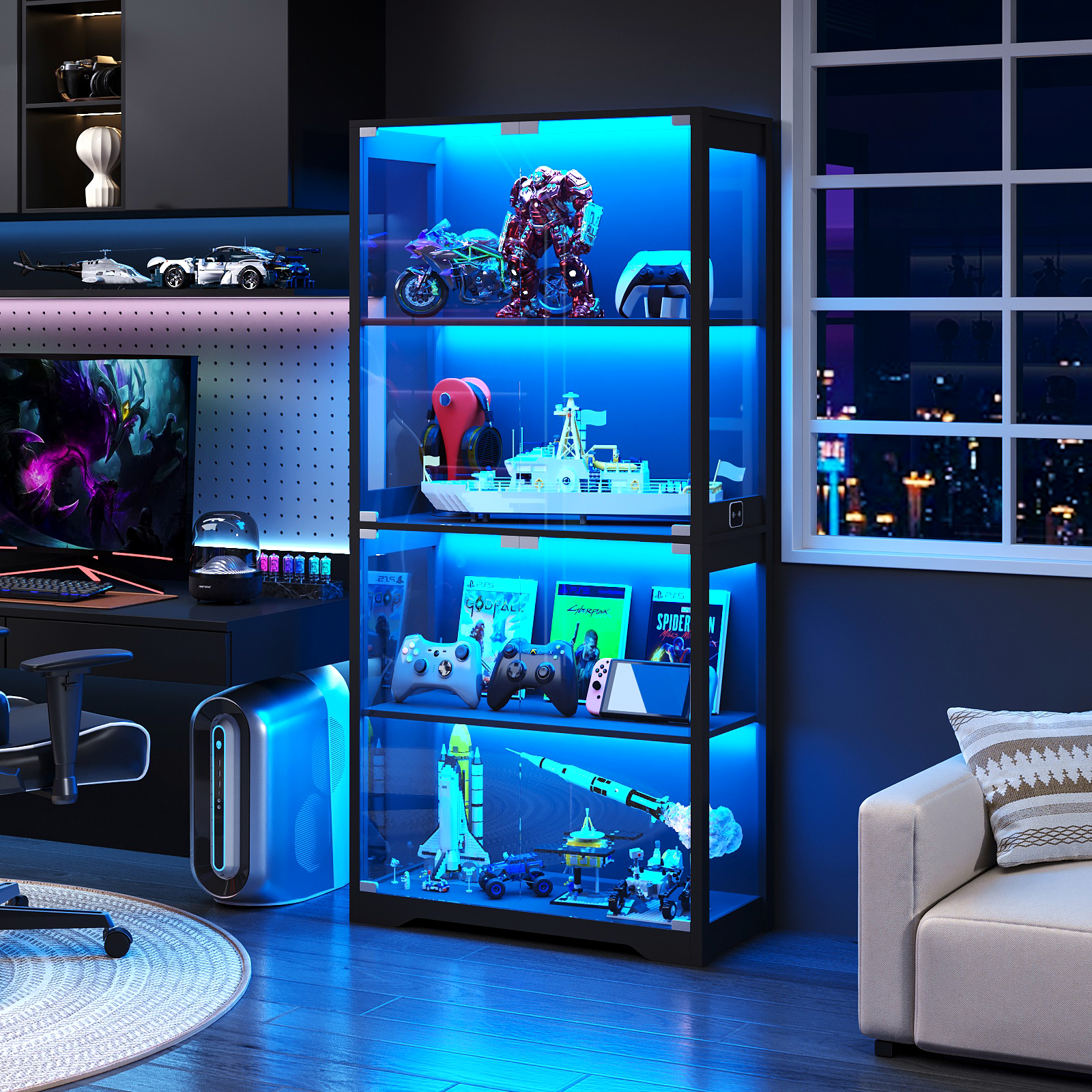 Ein beleuchteter Schrank mit Spielzeugmodellen, darunter ein Roboter, ein Schiff und Raketen.