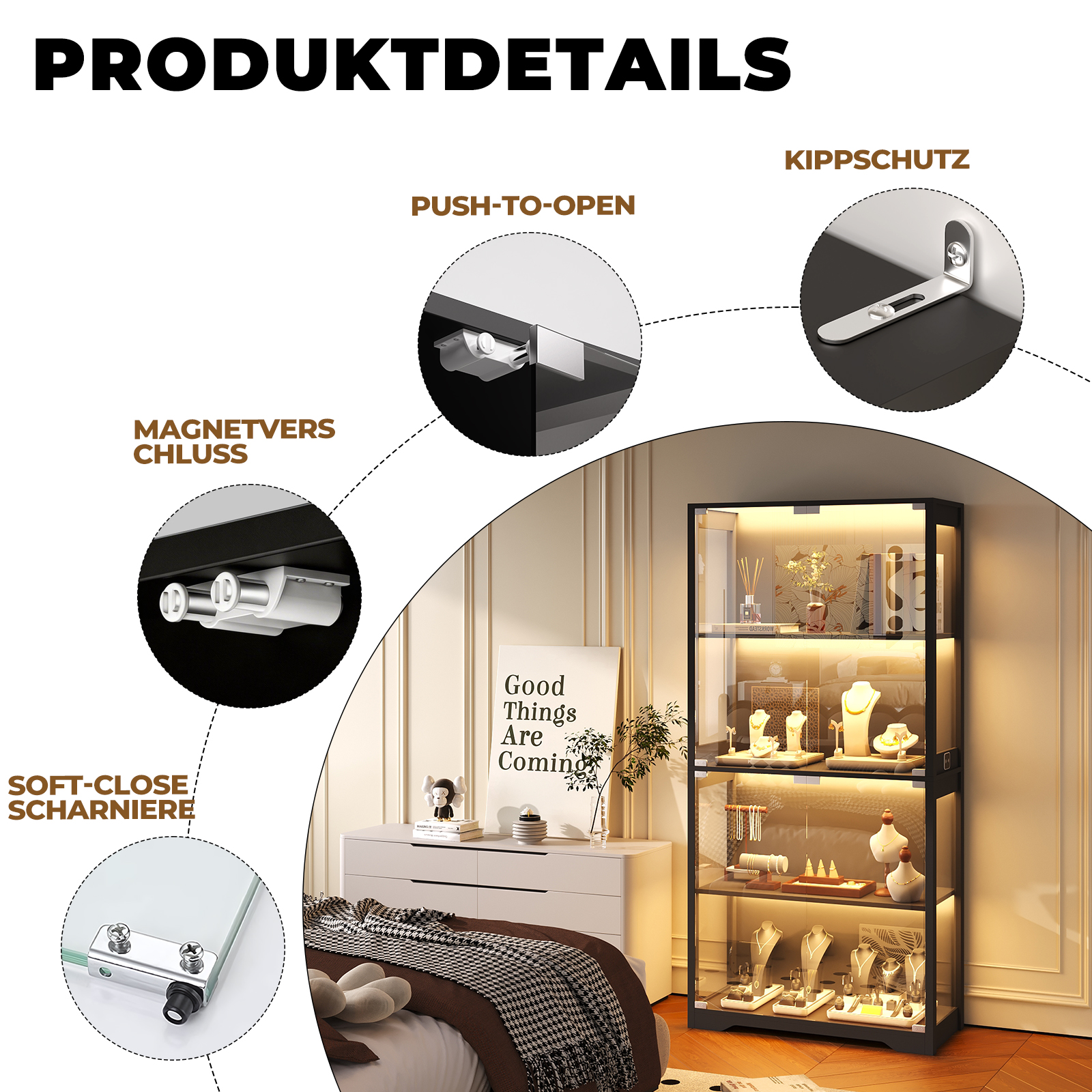 Produktbild mit Details zu einem Schrank: Push-to-Open, Magnetverschluss, Kippschutz, Soft-Close.