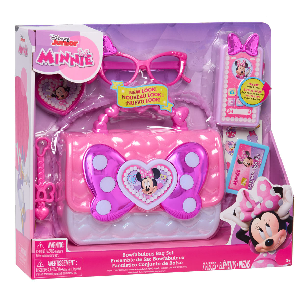 Un set de bolso de juguete rosa de Minnie Mouse con gafas de sol y teléfono.