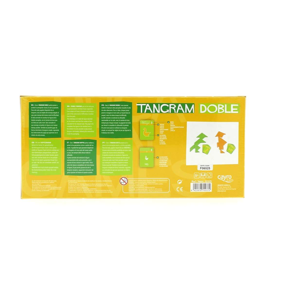 La caja del juego TANGRAM DOBLE muestra instrucciones y componentes del juego en varios idiomas.