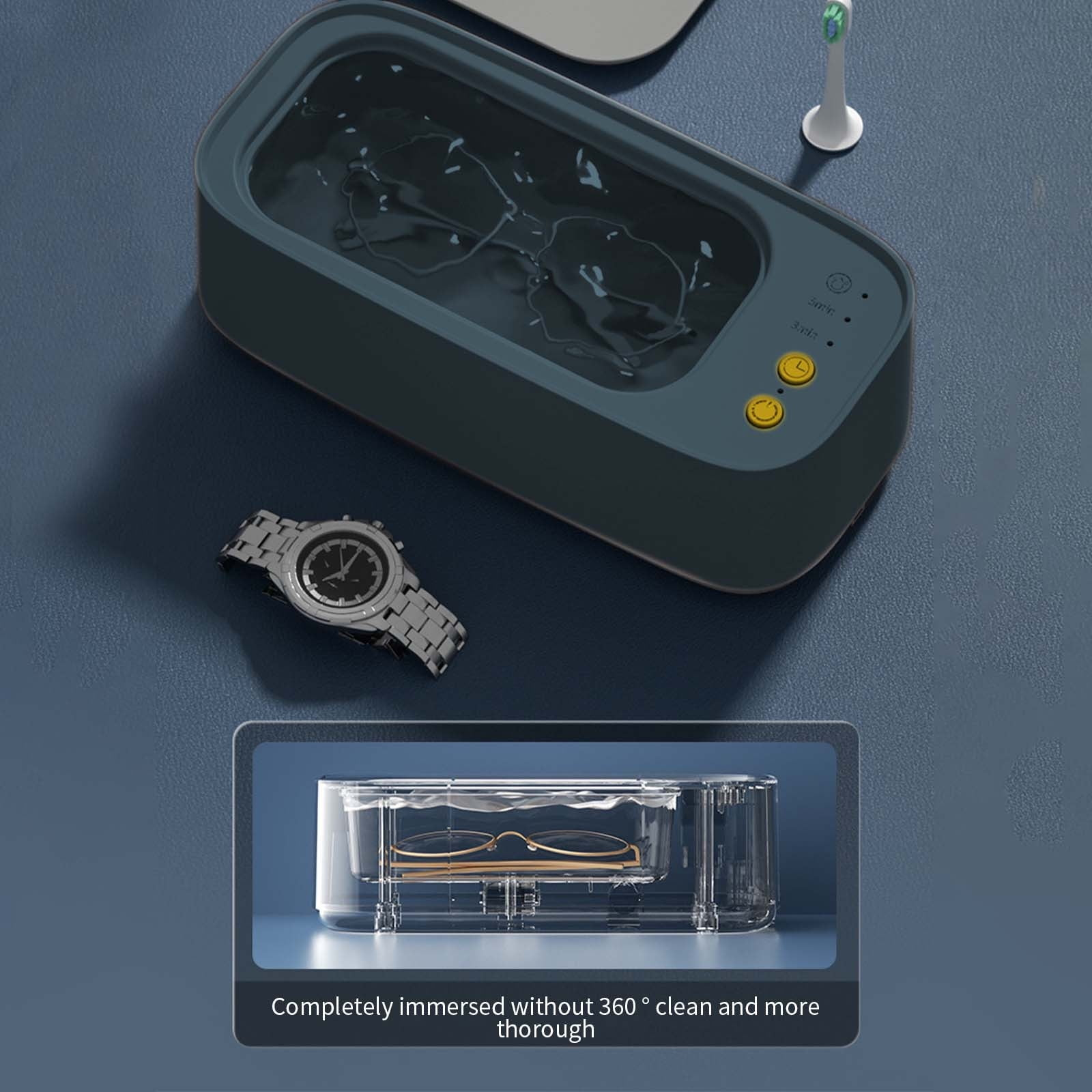 Ein Ultraschallreiniger mit Brille und Uhr.