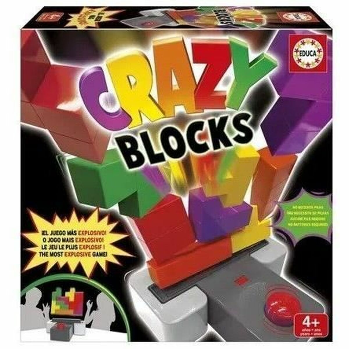 Caja del juego Crazy Blocks con bloques coloridos y mecanismo de juego.