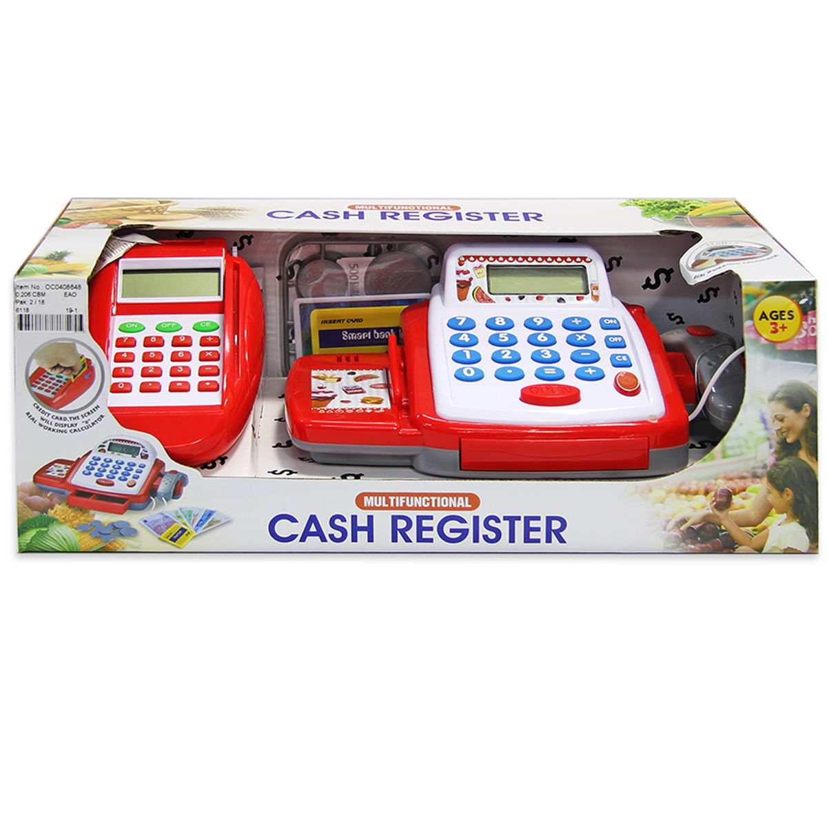 Caja registradora de juguete roja con teclado, pantalla y lector de tarjetas.