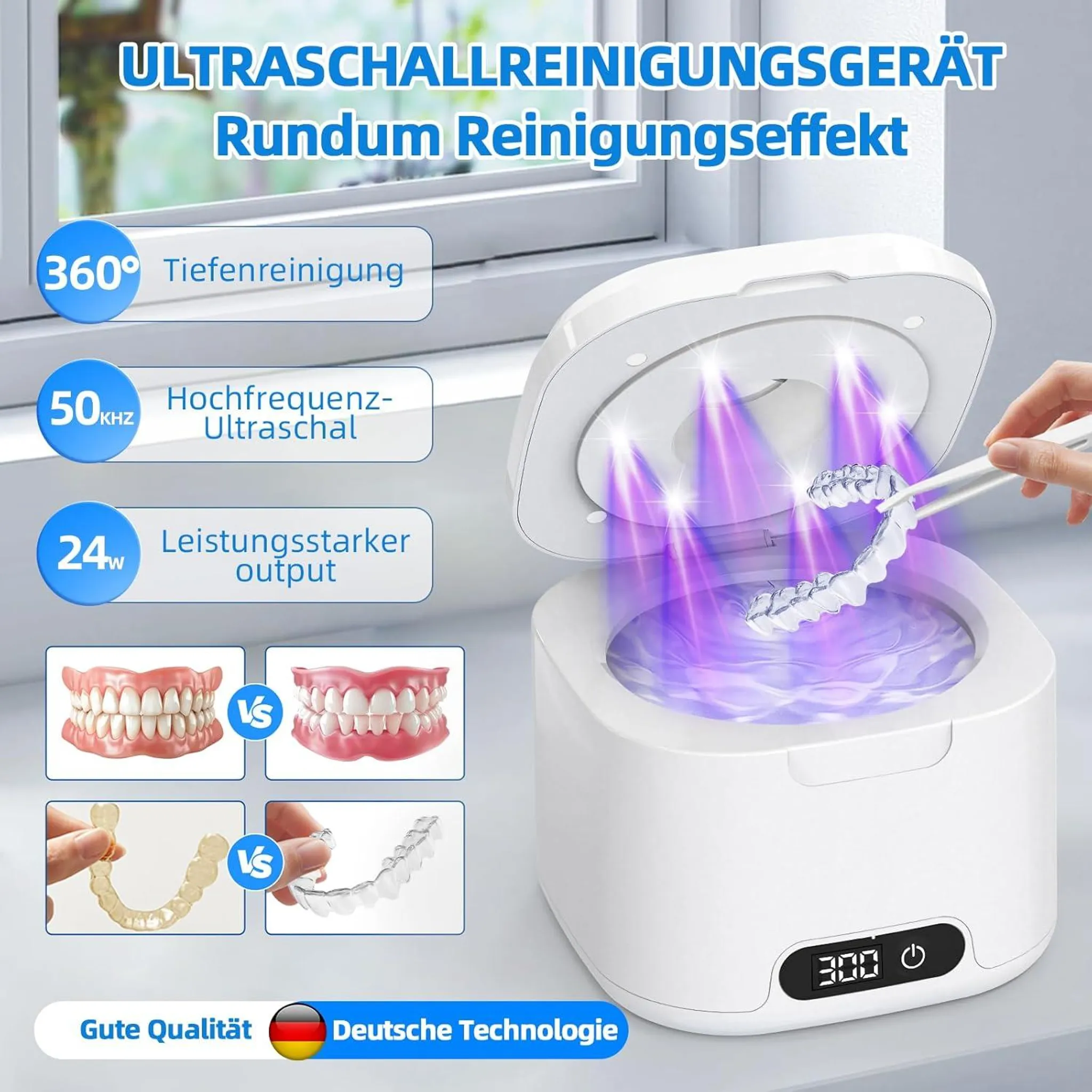 Ultraschallreiniger reinigt Zahnprothesen mit 360° Tiefenreinigung.