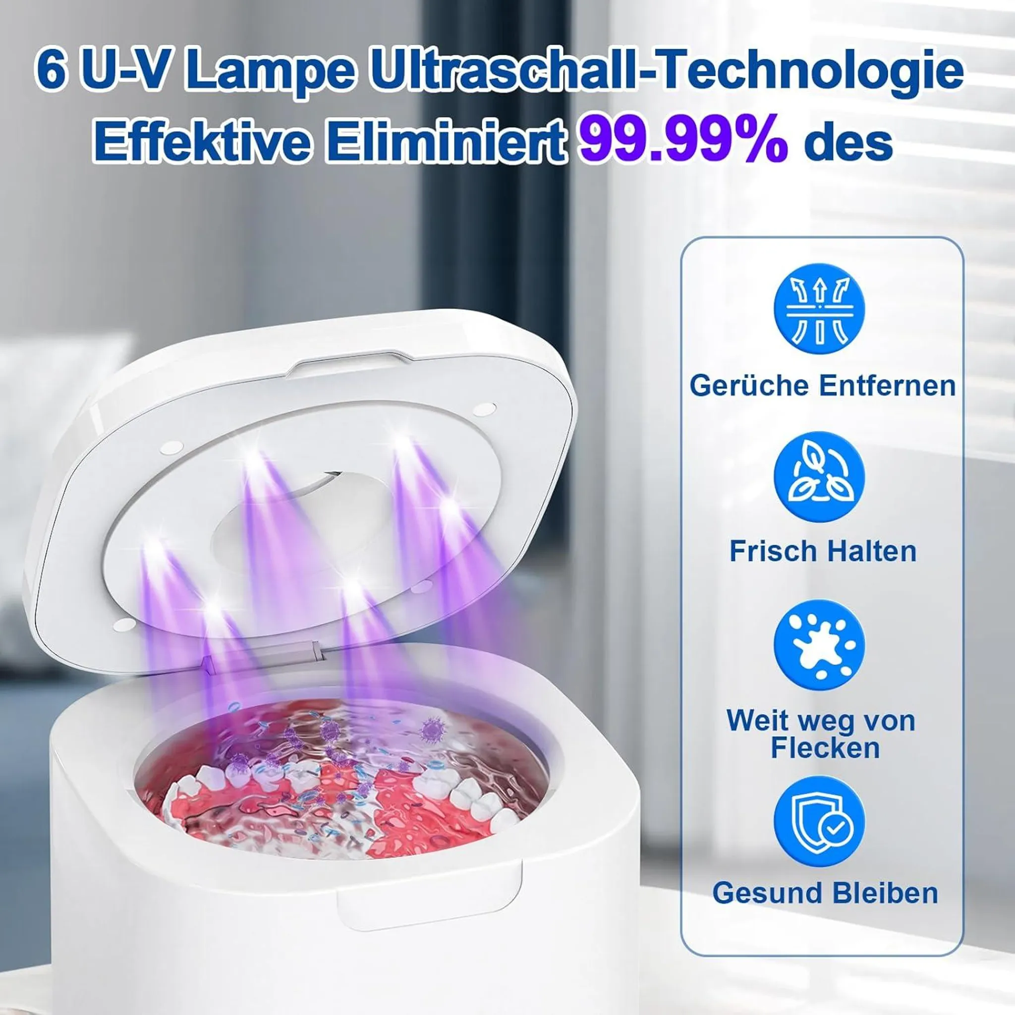 Weiße UV-Reinigungsbox mit lila Lichtstrahlen, die auf Zahnersatz scheinen.