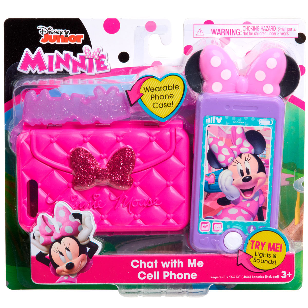 Un teléfono de juguete rosa de Minnie Mouse con bolso y diadema.