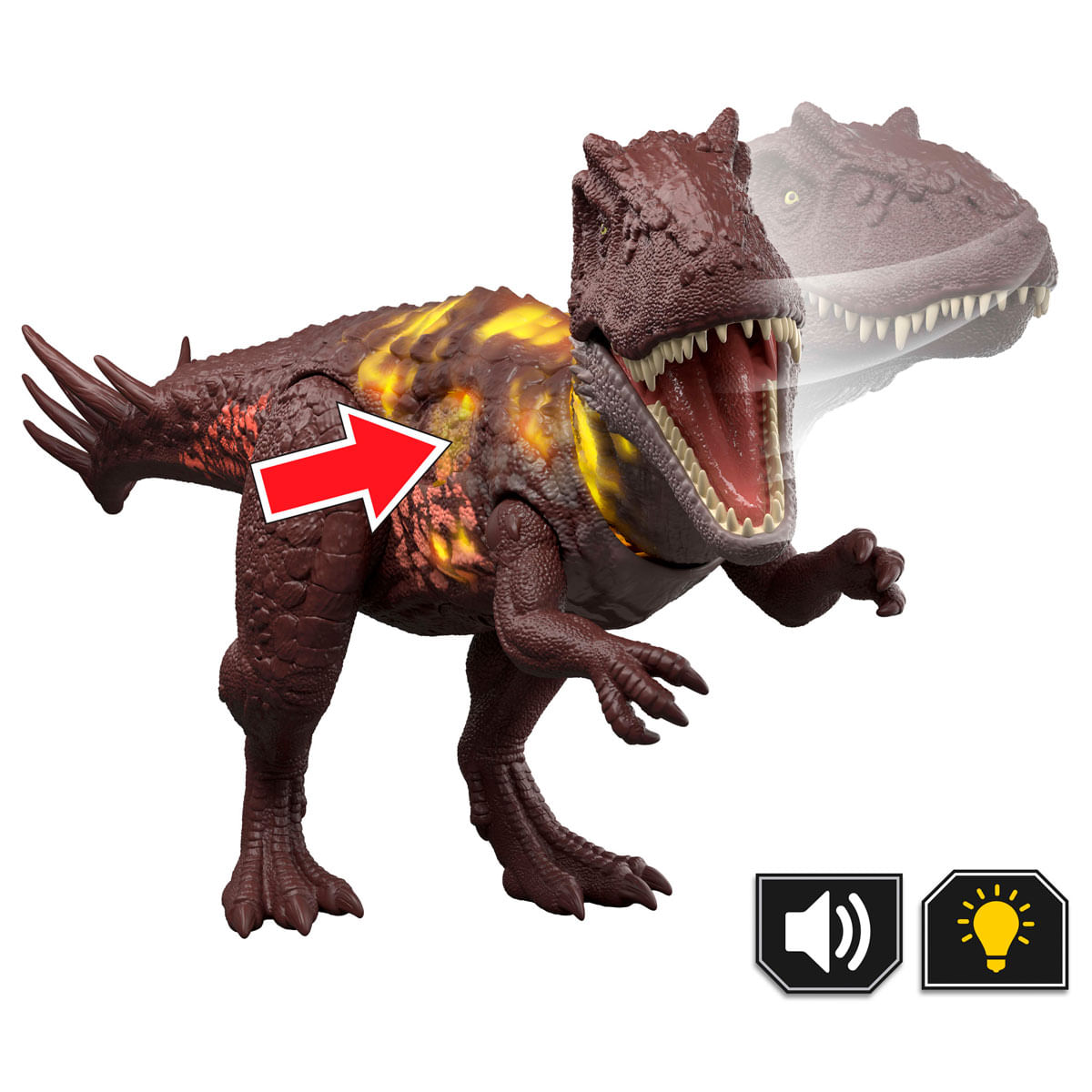 Juguete de dinosaurio marrón con partes brillantes amarillas y rojas, rugiendo. Flecha roja apunta a zona brillante.