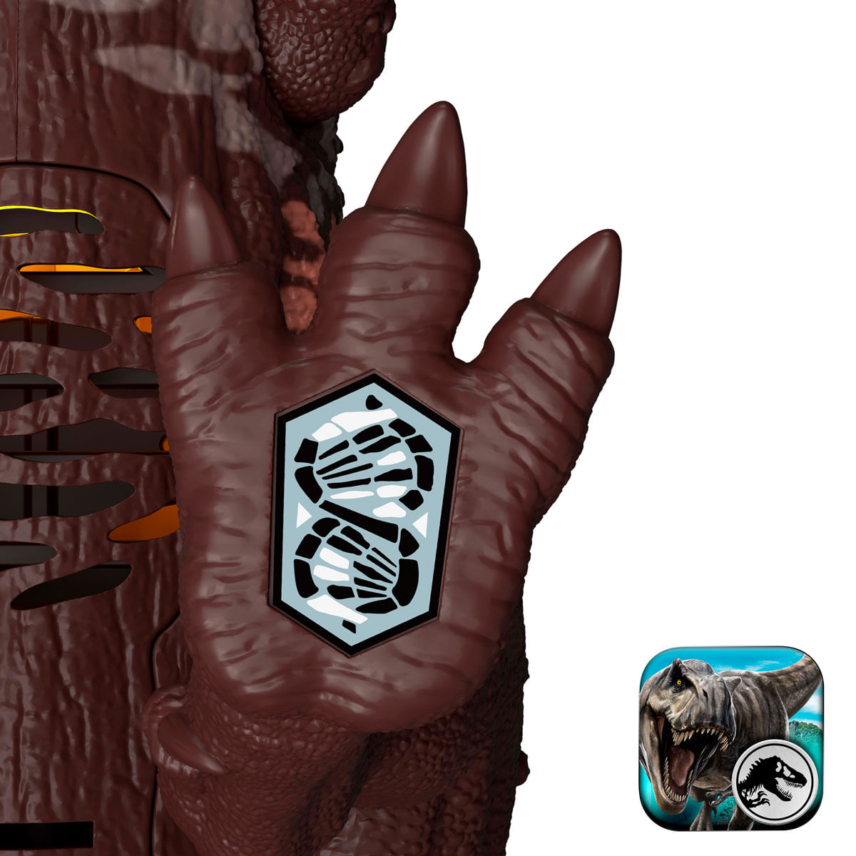 Garra de dinosaurio marrón con símbolo de ADN. Un icono de la app Jurassic World a la derecha.