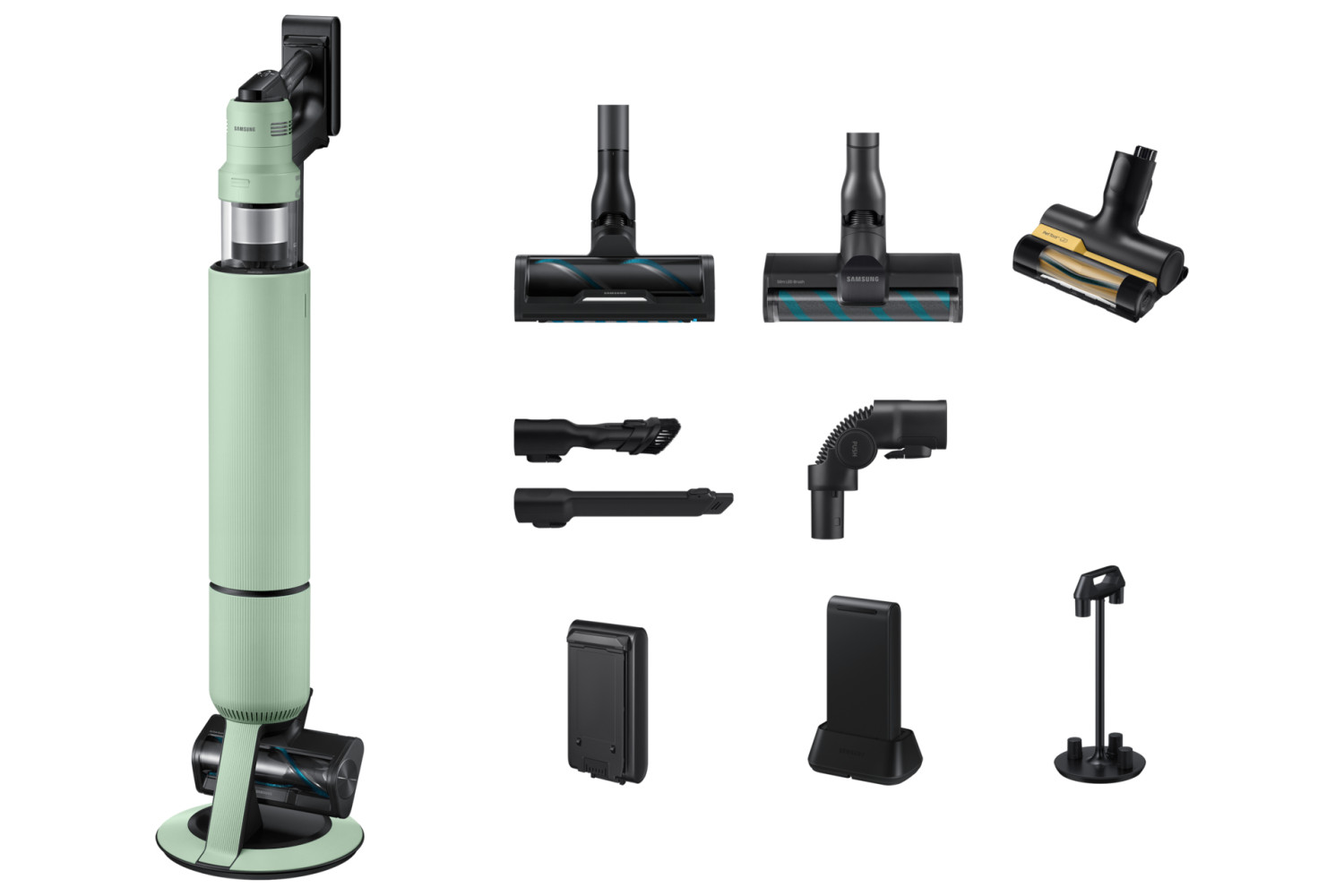 Aspirapolvere verde con accessori multipli: spazzole, bocchetta a lancia, tubo, batteria e base di ricarica.