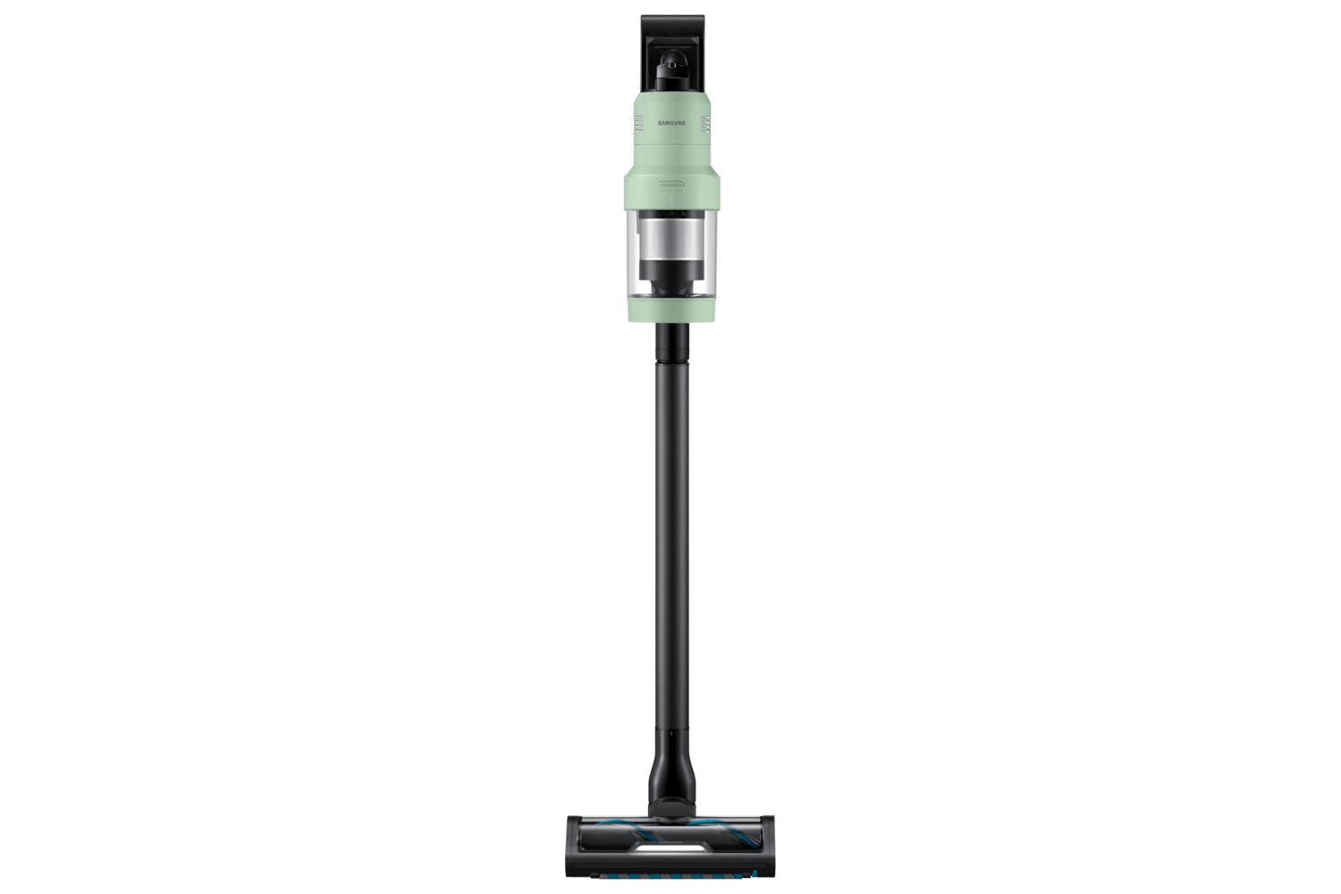Un aspirapolvere Samsung verde menta con tubo e spazzola neri.