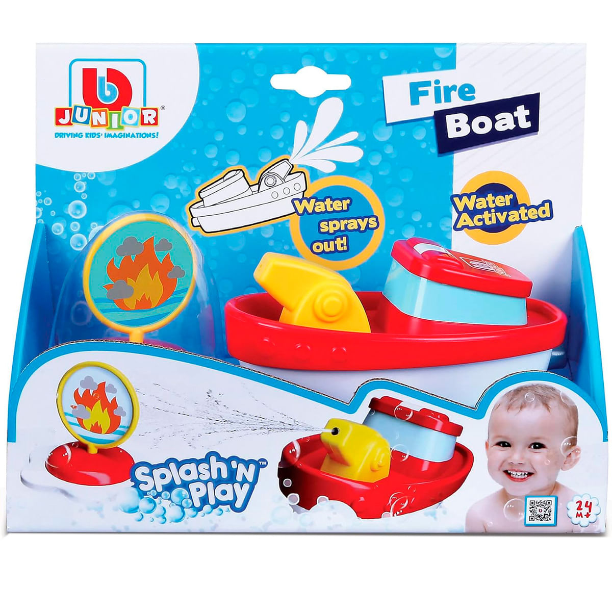 Un barco de bomberos de juguete salpica agua, con símbolos de fuego y un bebé sonriente.