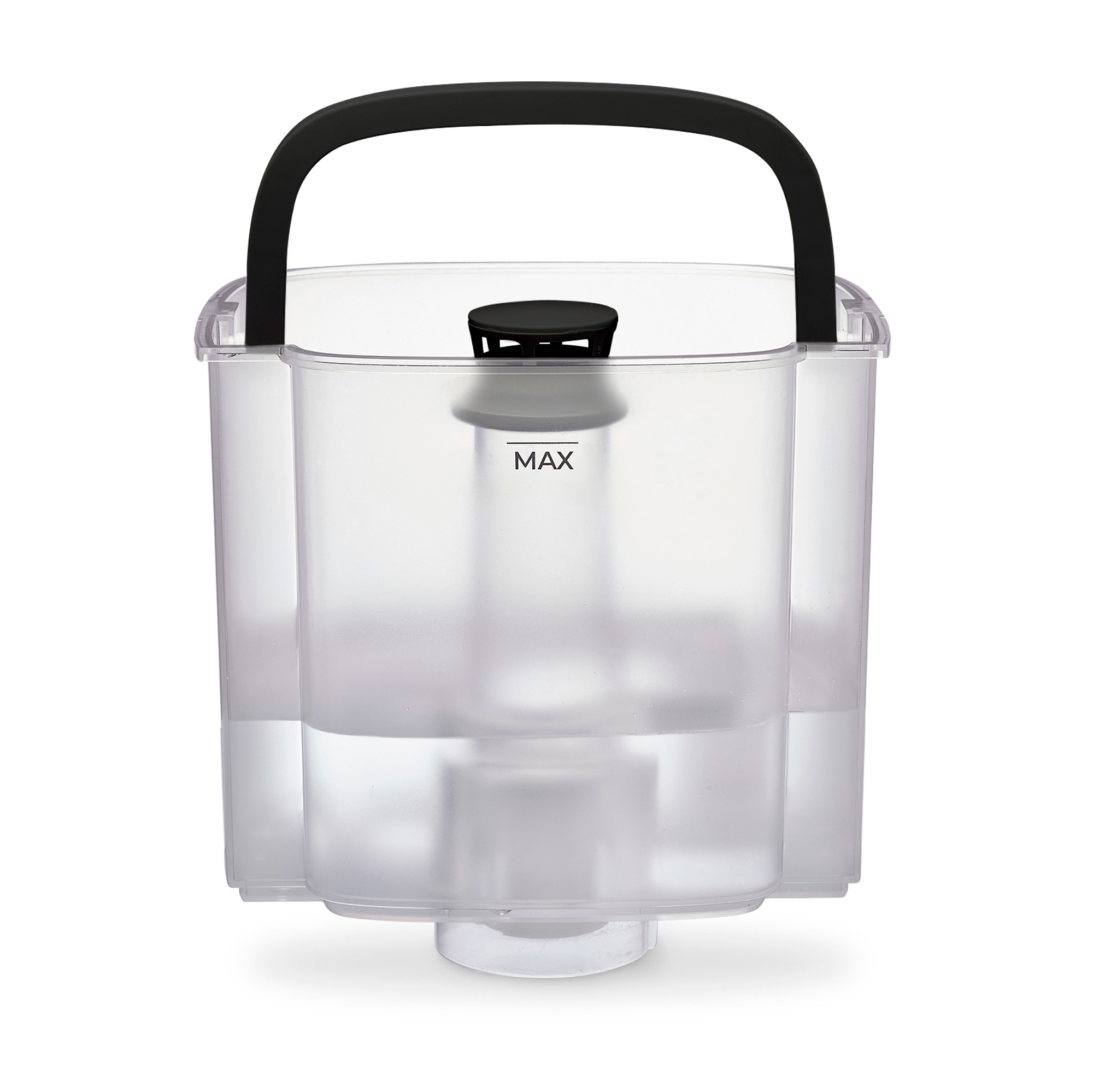 A clear water tank with a black handle and a max fill line.