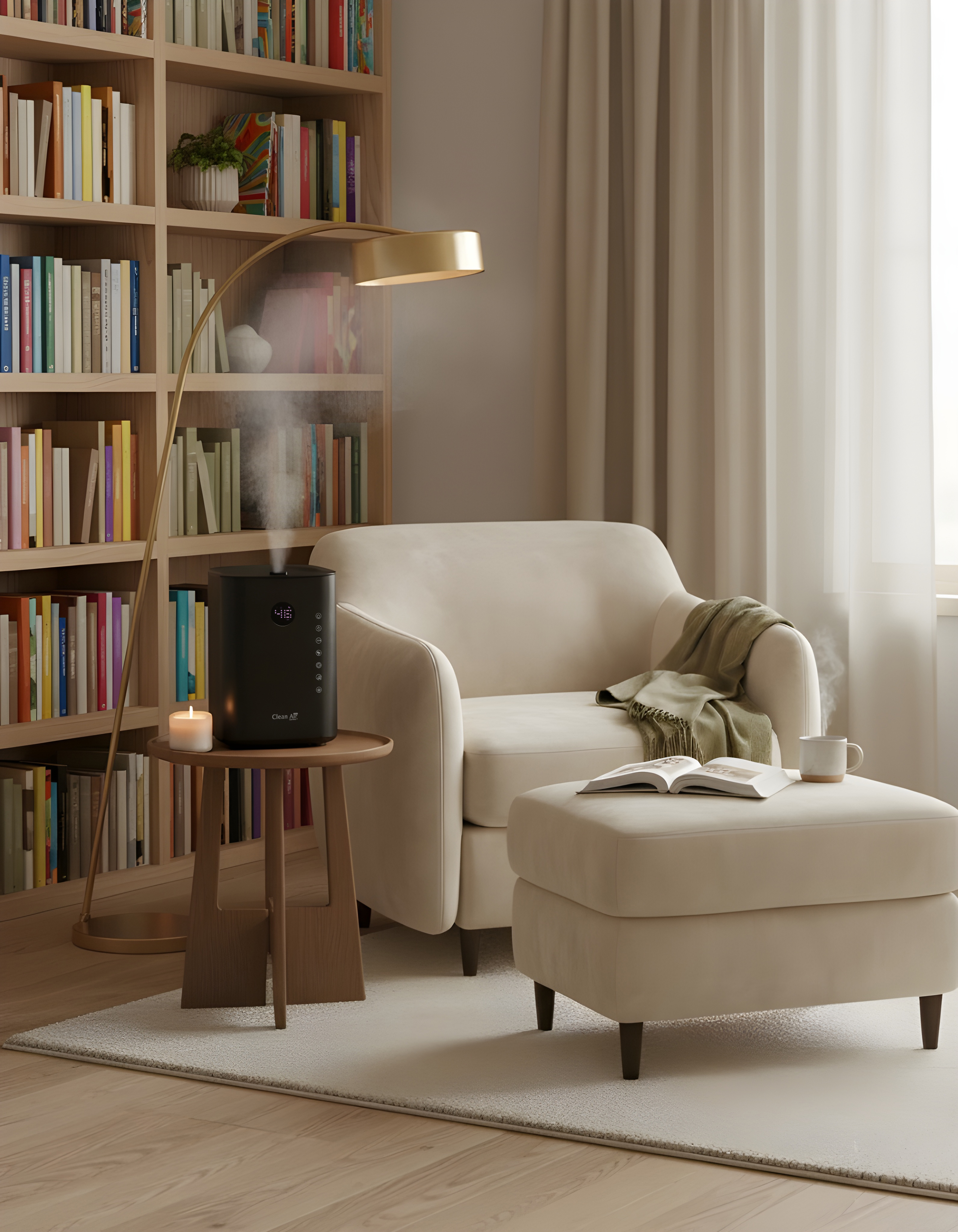 A black humidifier emits mist, next to a candle and an open book.