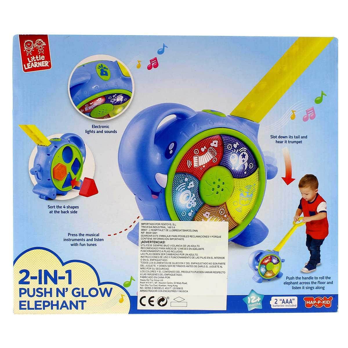 Un elefante de juguete azul con asa, botones y un niño empujándolo.