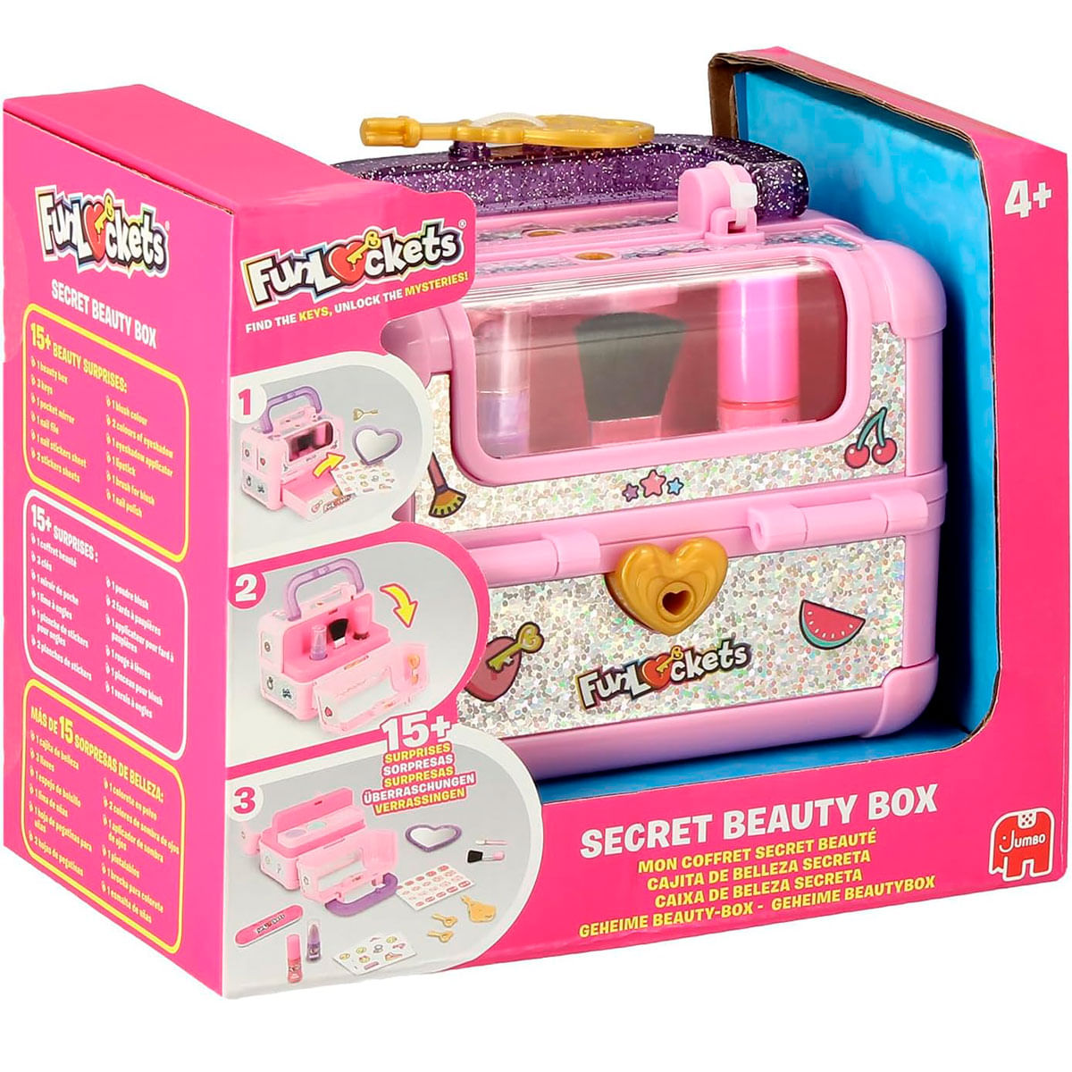 Una caja de belleza secreta rosa brillante con accesorios de maquillaje y pegatinas.