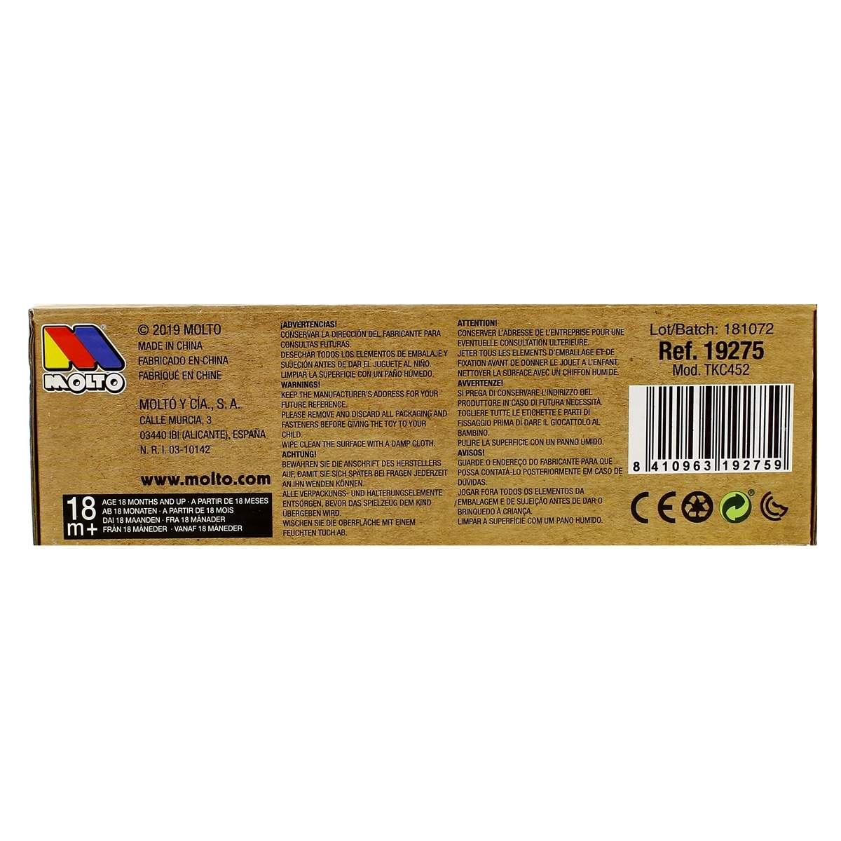 Caja con logo Molto, info producto, código de barras y recomendación edad 18m+.