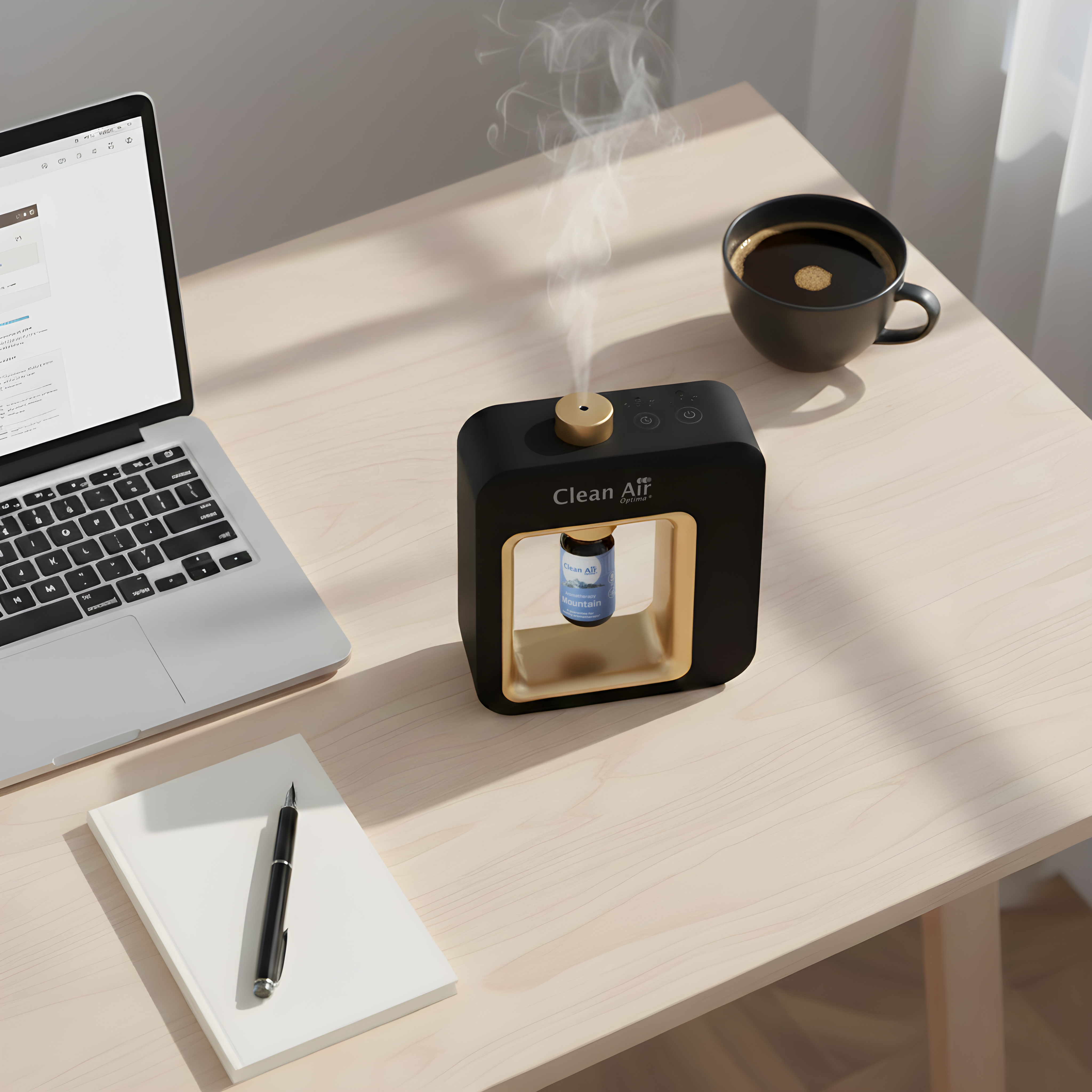 Een zwarte diffuser geeft stoom af, naast een laptop, notitieboekje en koffie.