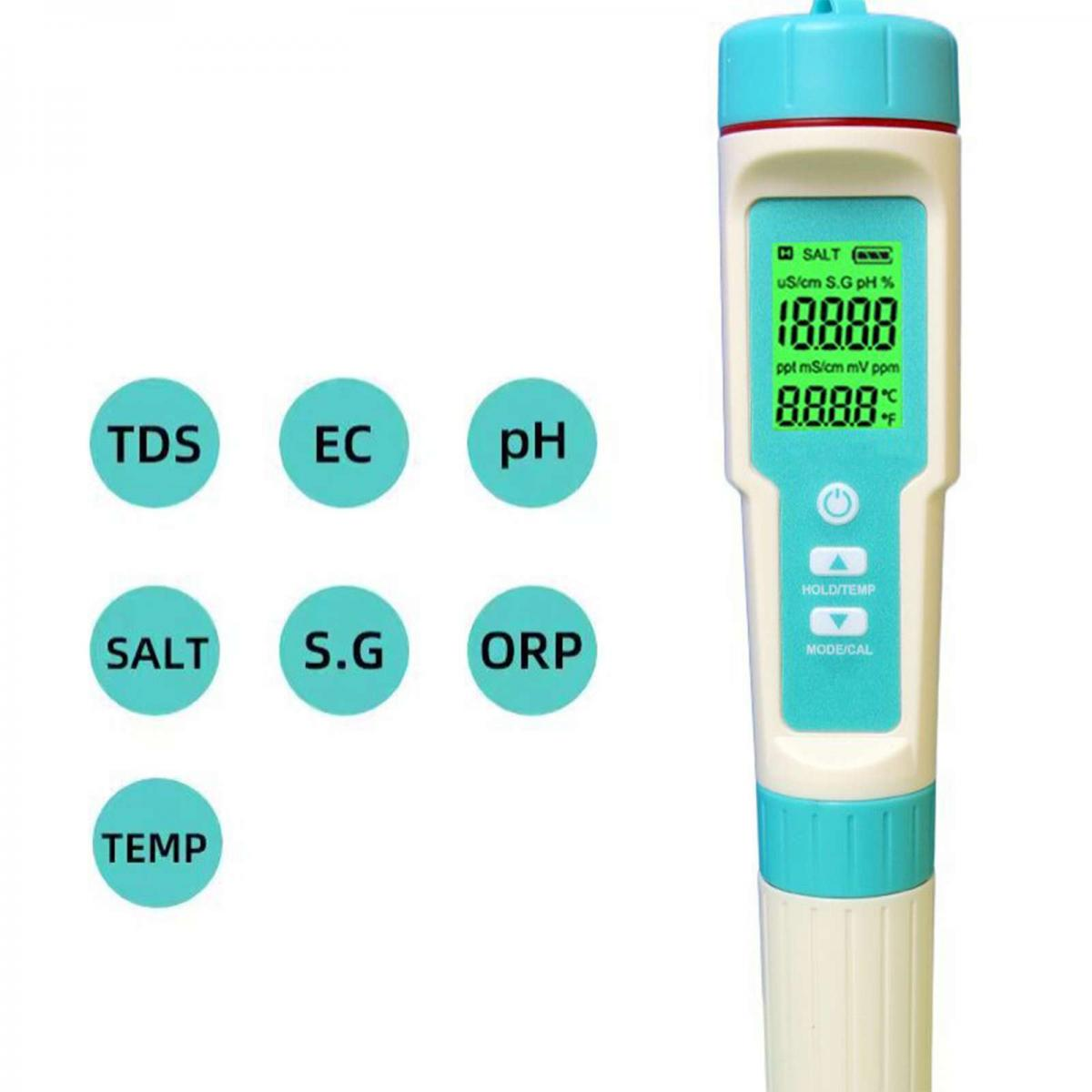 Ein TDS/EC/pH/Salz/S.G./ORP/Temperaturmessgerät mit digitaler Anzeige.