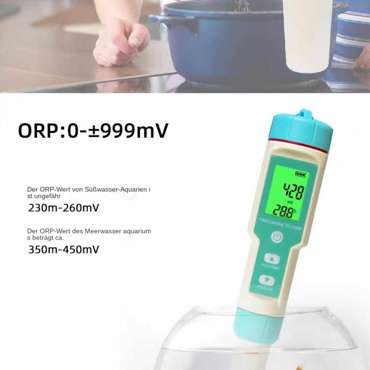 Ein ORP-Messgerät mit einem grünen Display, das 428mV und 28.8°C anzeigt.