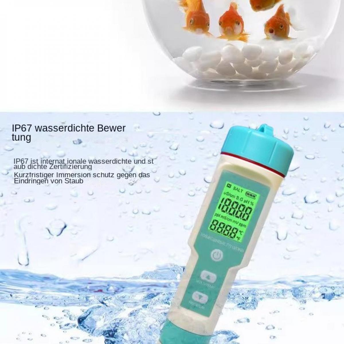 Ein TDS-Messgerät mit blauem und weißem Gehäuse vor einem Wasserhintergrund mit Goldfischen.