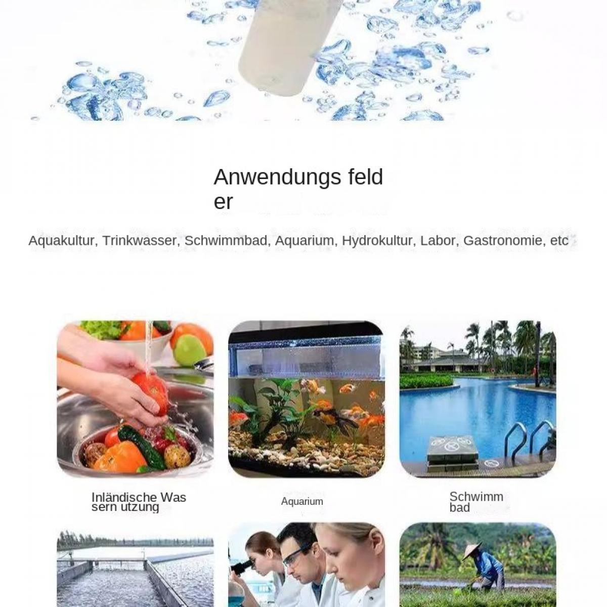 Anwendungsfelder für Wasseraufbereitung: Waschen, Aquarium, Pool, Landwirtschaft, Labor.