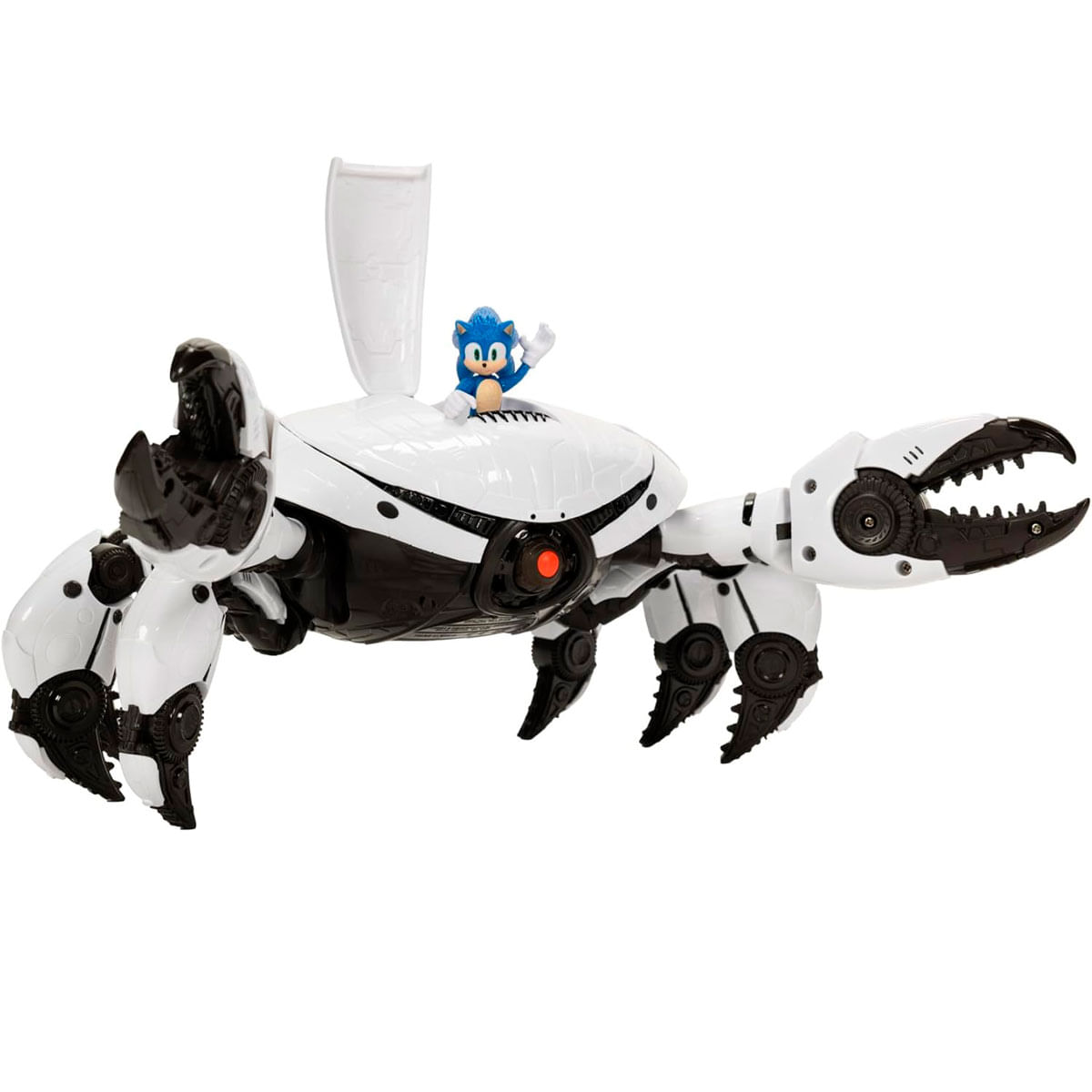 Un cangrejo robot blanco con Sonic encima. Tiene ojos rojos y pinzas grandes.