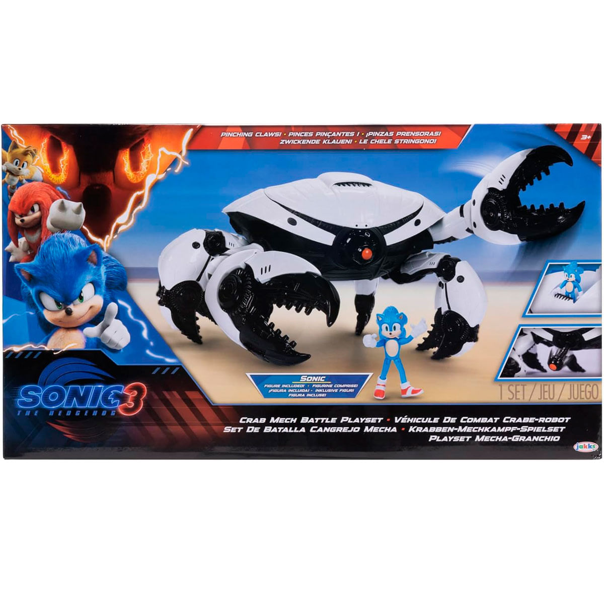 Arte de caja Sonic 3: Figura de Sonic con un robot cangrejo mech blanco y negro con pinzas.