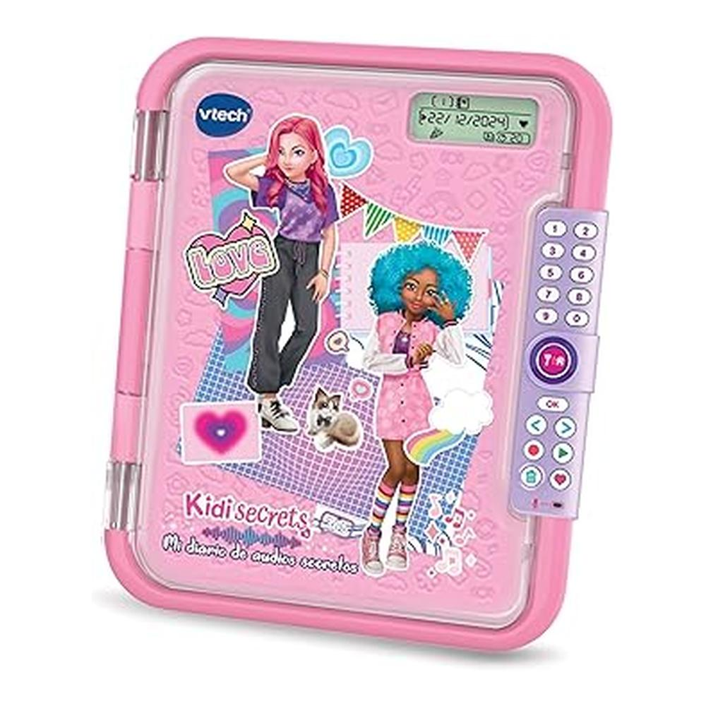 Un diario rosa VTech Kidi Secrets con dos figuras, un gato y un teclado.