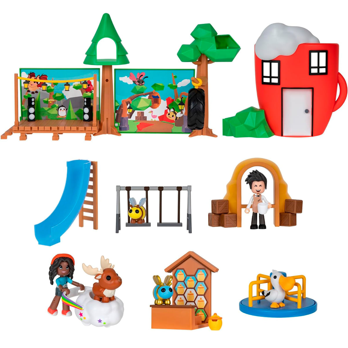 Set de juguetes con escenario, casa del árbol, taza, tobogán, columpios, figuras y más.