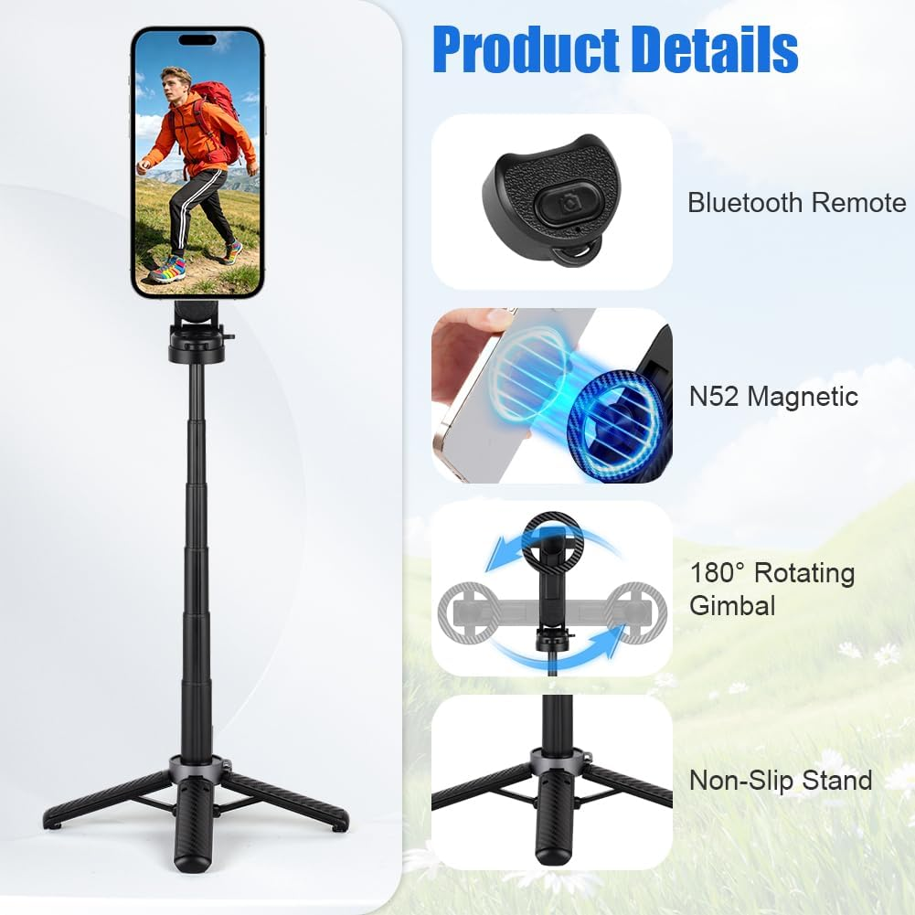 Ein Handy-Stativ mit Bluetooth-Fernbedienung, magnetischer Halterung, schwenkbarem Gimbal und rutschfestem Ständer.
