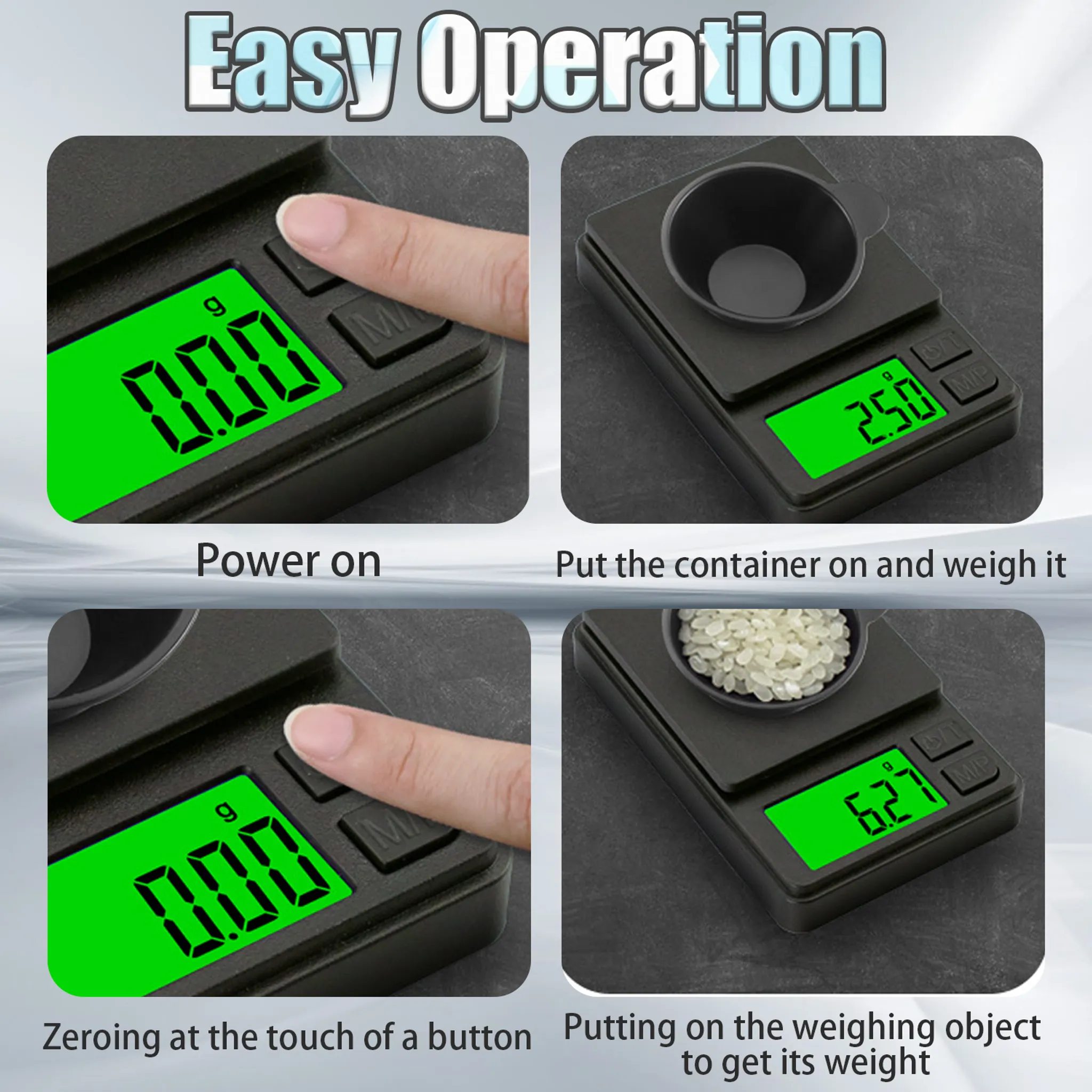Digitale Waage zeigt 0,00g, 2,50g, 0,00g, 6,27g. Schritte: Einschalten, Behälter wiegen, Tara, Objekt wiegen.