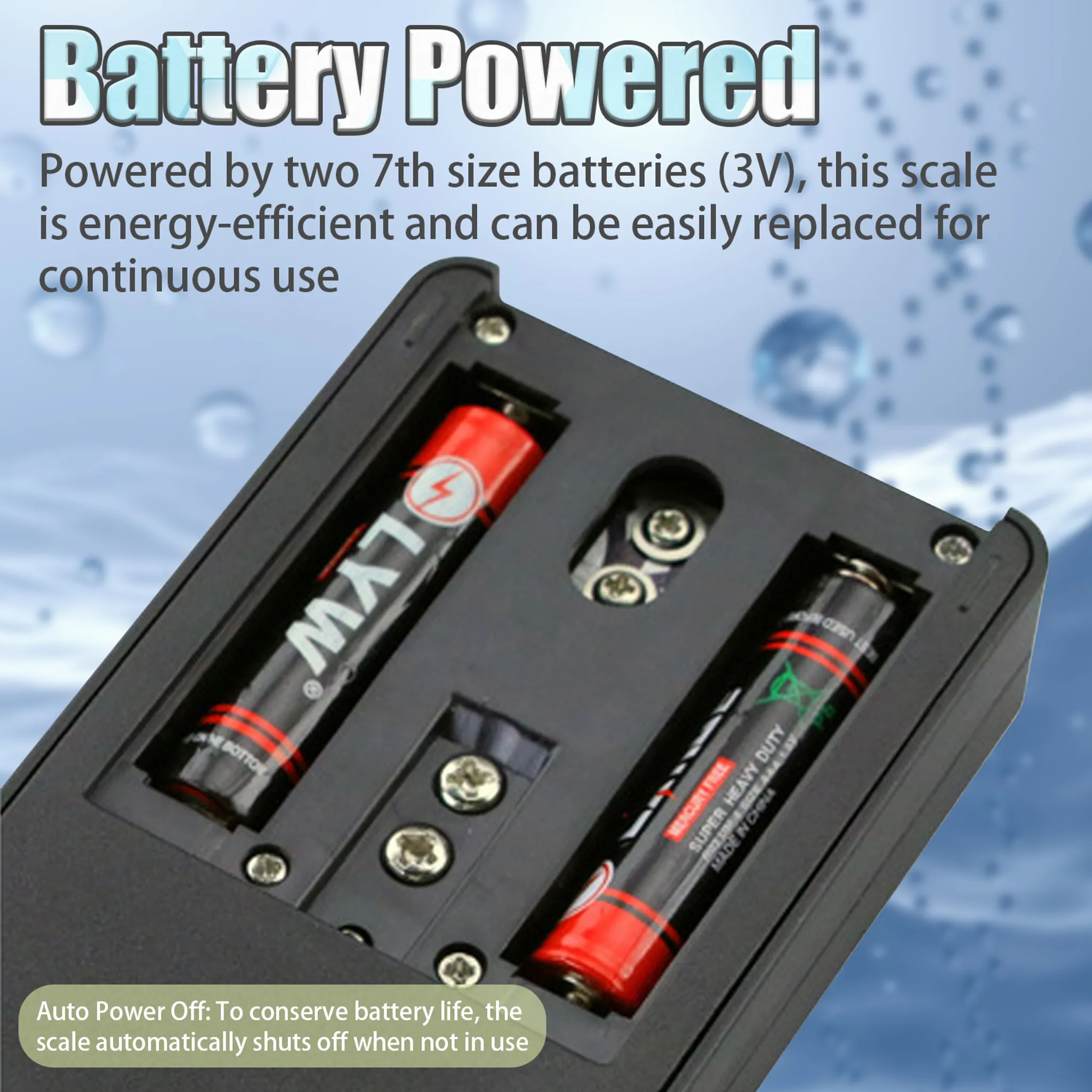 Nahaufnahme von zwei AA-Batterien in einem schwarzen Batteriefach mit Text.