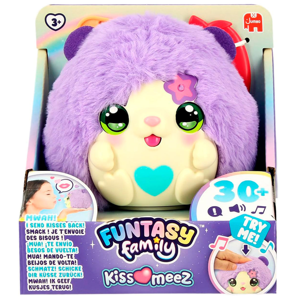 Peluche morado con ojos grandes en empaque, para mayores de 3 años.