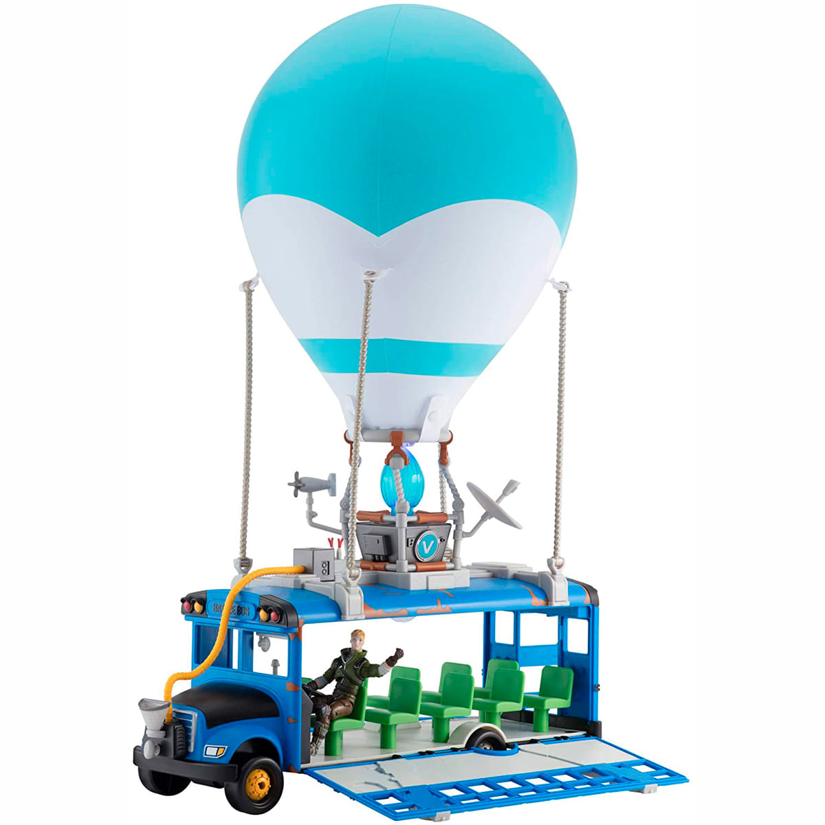 Un autobús de juguete azul con techo abierto y una figura, suspendido de un tanque de globo.