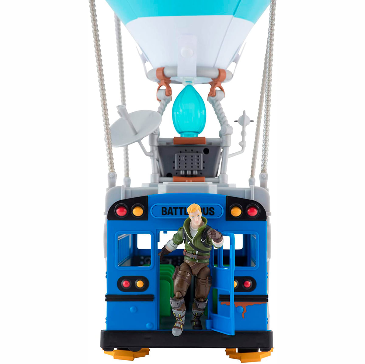 Una figura de juguete en la entrada de un autobús de batalla de juguete azul con un globo blanco y azul.