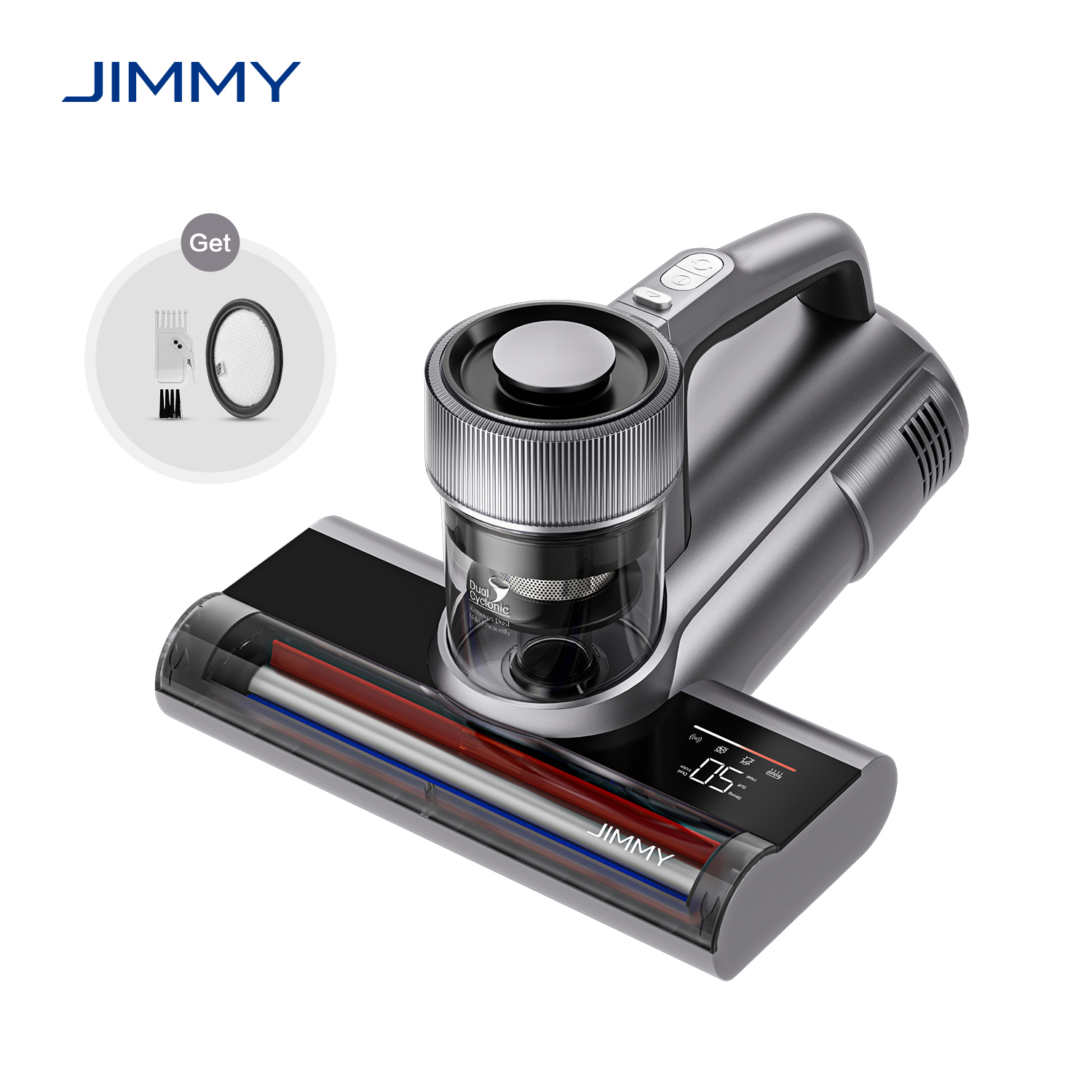 Una aspiradora inalámbrica JIMMY gris con pantalla digital y accesorios de limpieza.