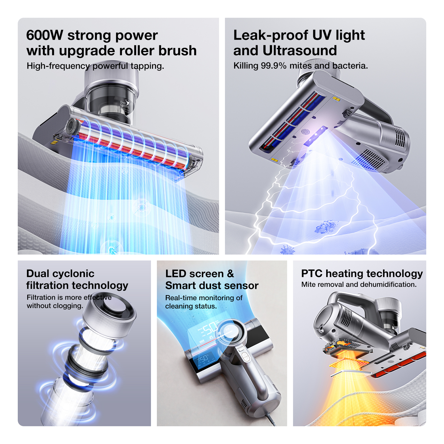 Una aspiradora con potencia, luz UV, filtración, sensor de polvo y tecnología de calentamiento.