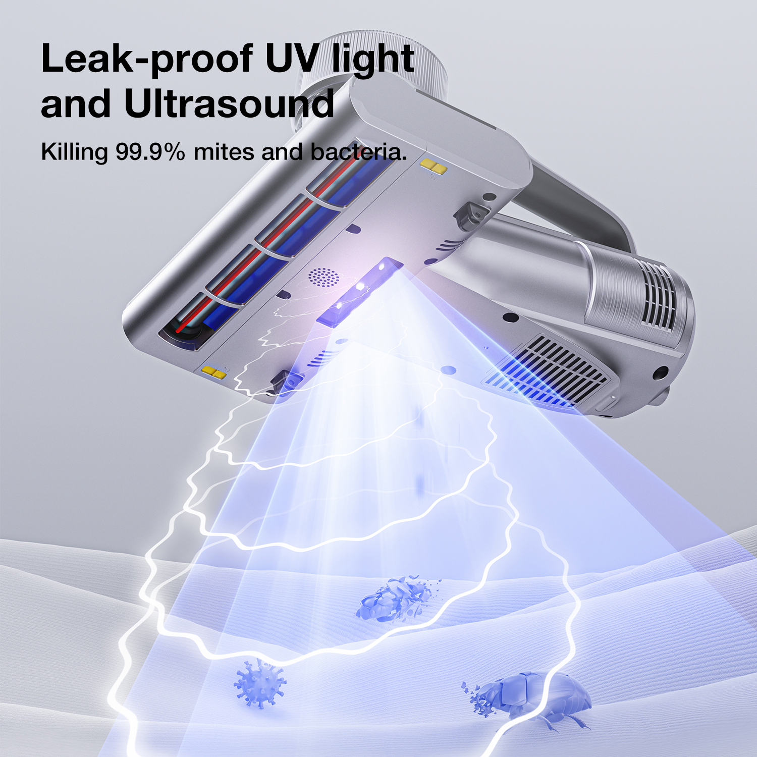 Aspiradora plateada con luz UV mata ácaros y bacterias en tela blanca.