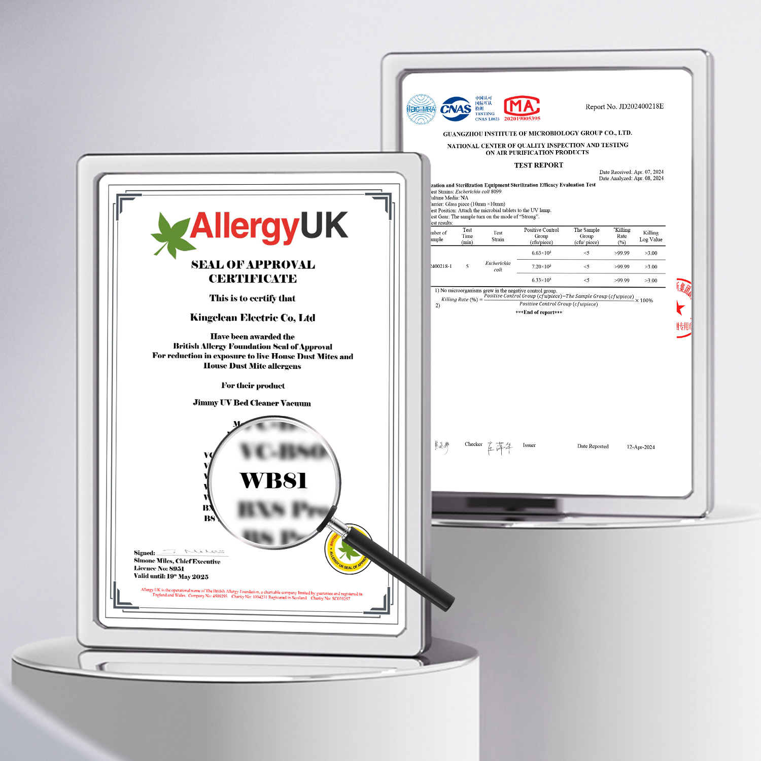 Dos documentos: un certificado de sello de AllergyUK y un informe de prueba.