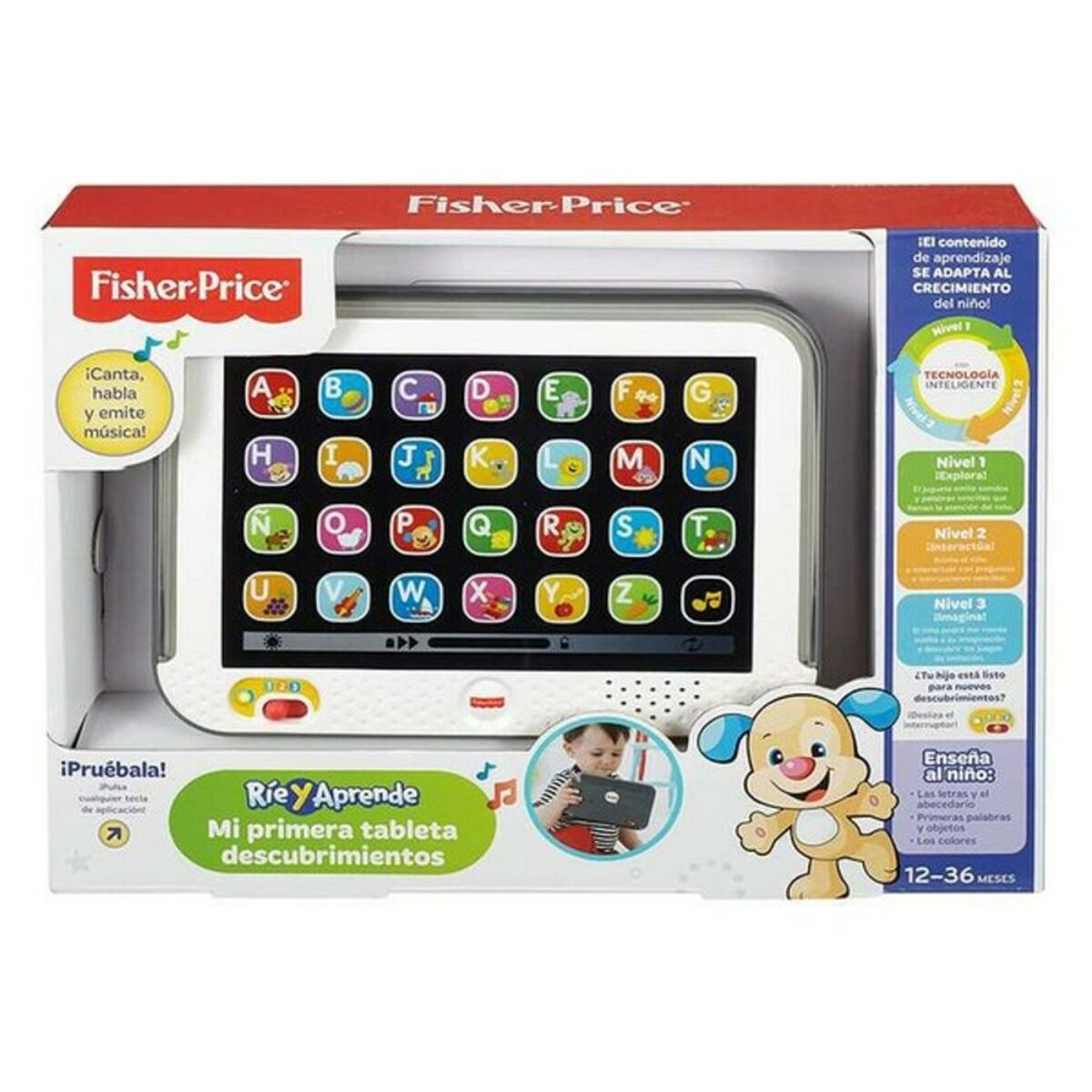 Tableta de aprendizaje Fisher-Price con letras, números e imágenes. Un perro mascota está al lado.
