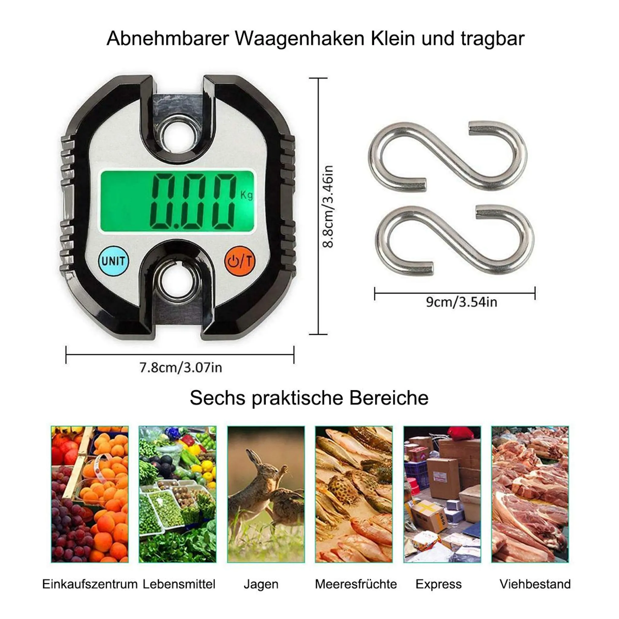 Digitalwaage mit Haken, Maße und Anwendungsbeispiele für Lebensmittel, Jagd, Meeresfrüchte, Express, Vieh.