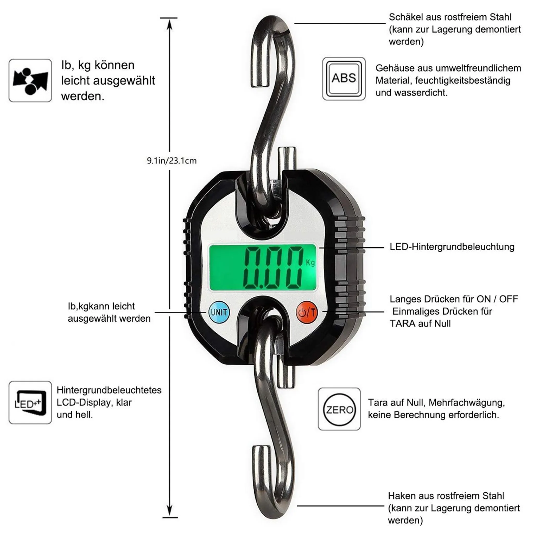 Digitale Hängewaage mit Edelstahlhaken, LCD-Display und Tasten für Einheit, An/Aus und Tara.
