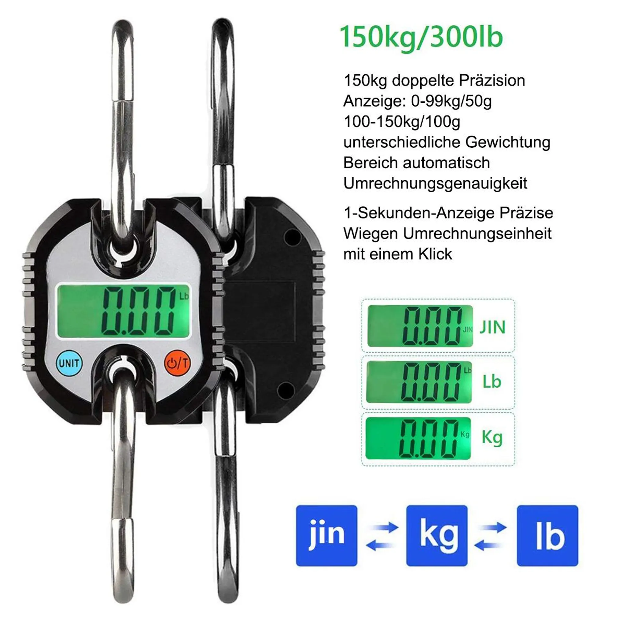 Eine digitale Waage mit Haken und einem grünen LCD-Display, das 0,00 anzeigt.