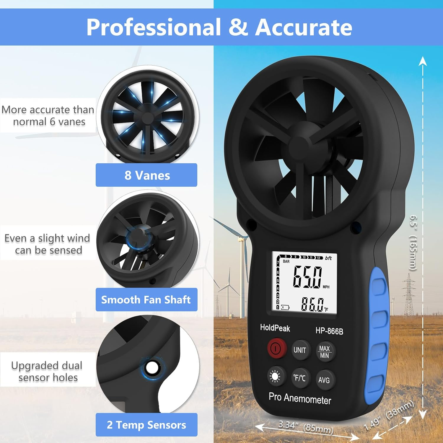 Ein schwarzes Pro-Anemometer mit Windrad und Display, im Hintergrund Windräder.