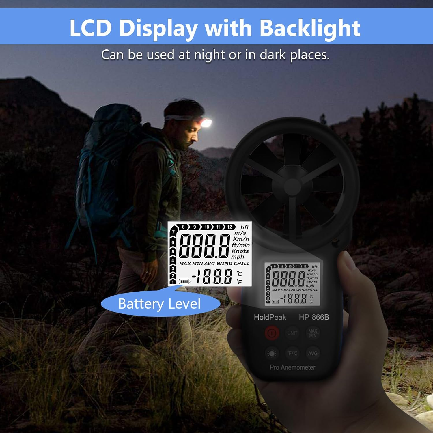 Ein Mann mit Stirnlampe und Rucksack benutzt ein digitales Anemometer im Dunkeln.