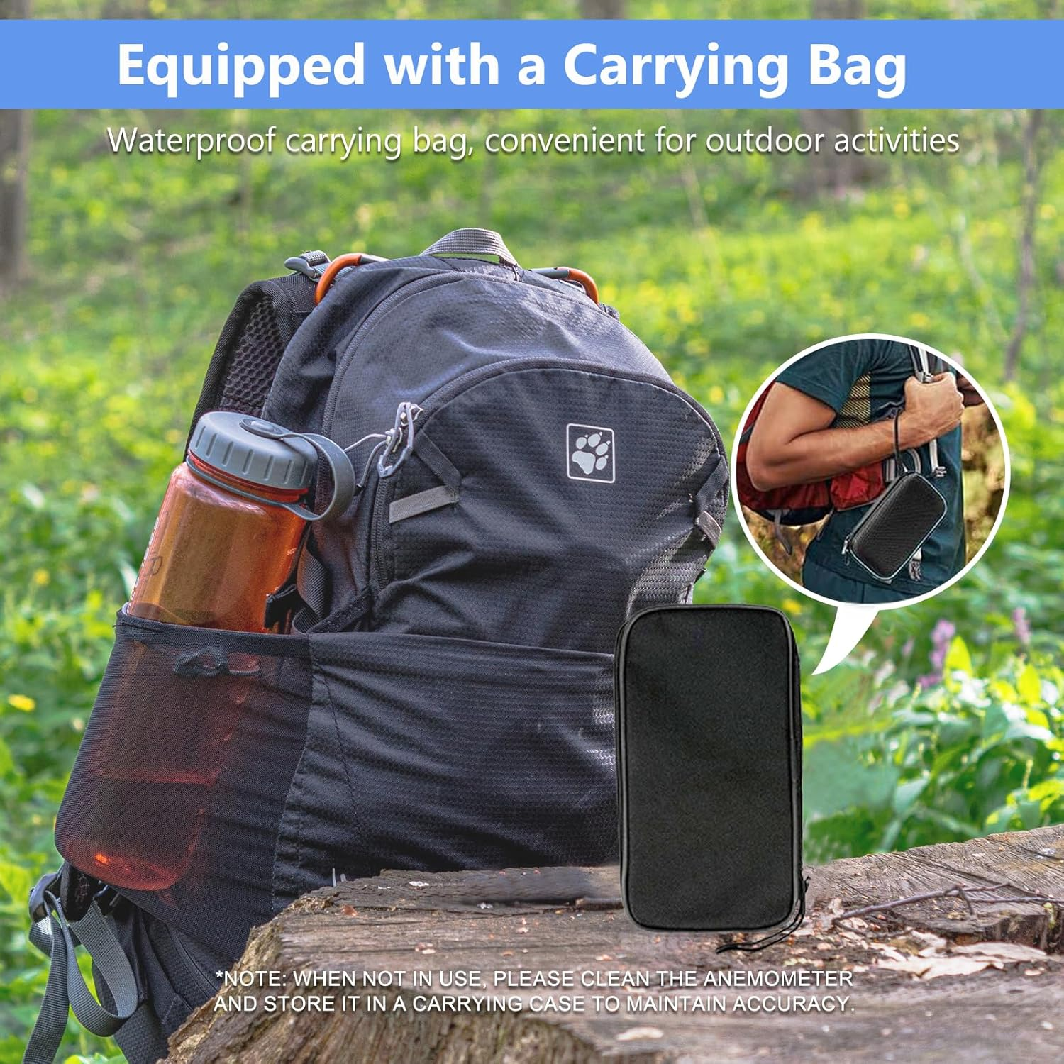 Ein schwarzer Rucksack mit einer Wasserflasche und einer Tasche, im Freien.