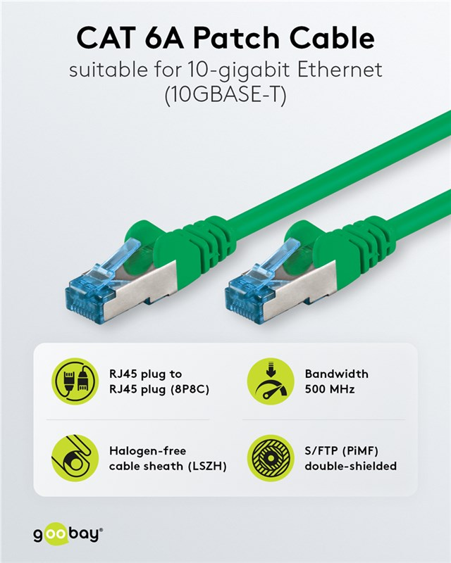 Zwei grüne CAT 6A Patchkabel mit RJ45-Steckern auf hellem Hintergrund.