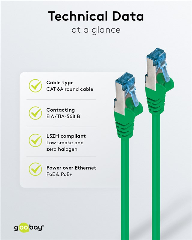 Zwei grüne CAT 6A Netzwerkkabel mit blauen Steckern und silbernen Anschlüssen.